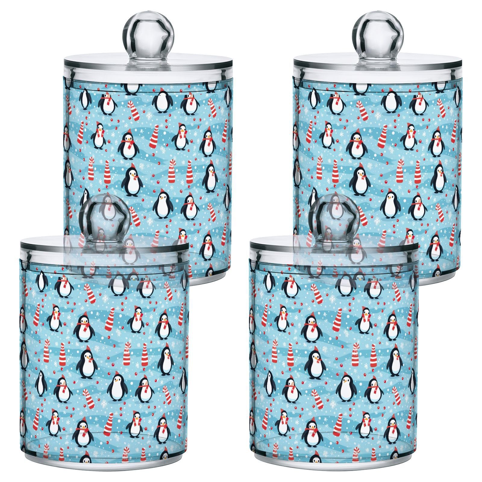 4 Pcs Christmas Xmas Penguin 10 OZ Qtip Holder Dispenser for Cotton Ball Cotton Swab Cotton Round Pads