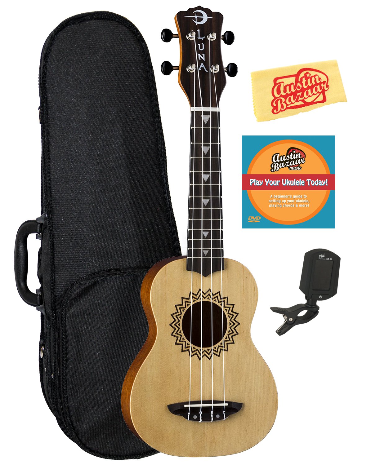 Luna Vintage Spruce Soprano Ukulele Bundle with Hard Case, Tuner, Austin Bazaar Instructional DVD, and Polishing Cloth