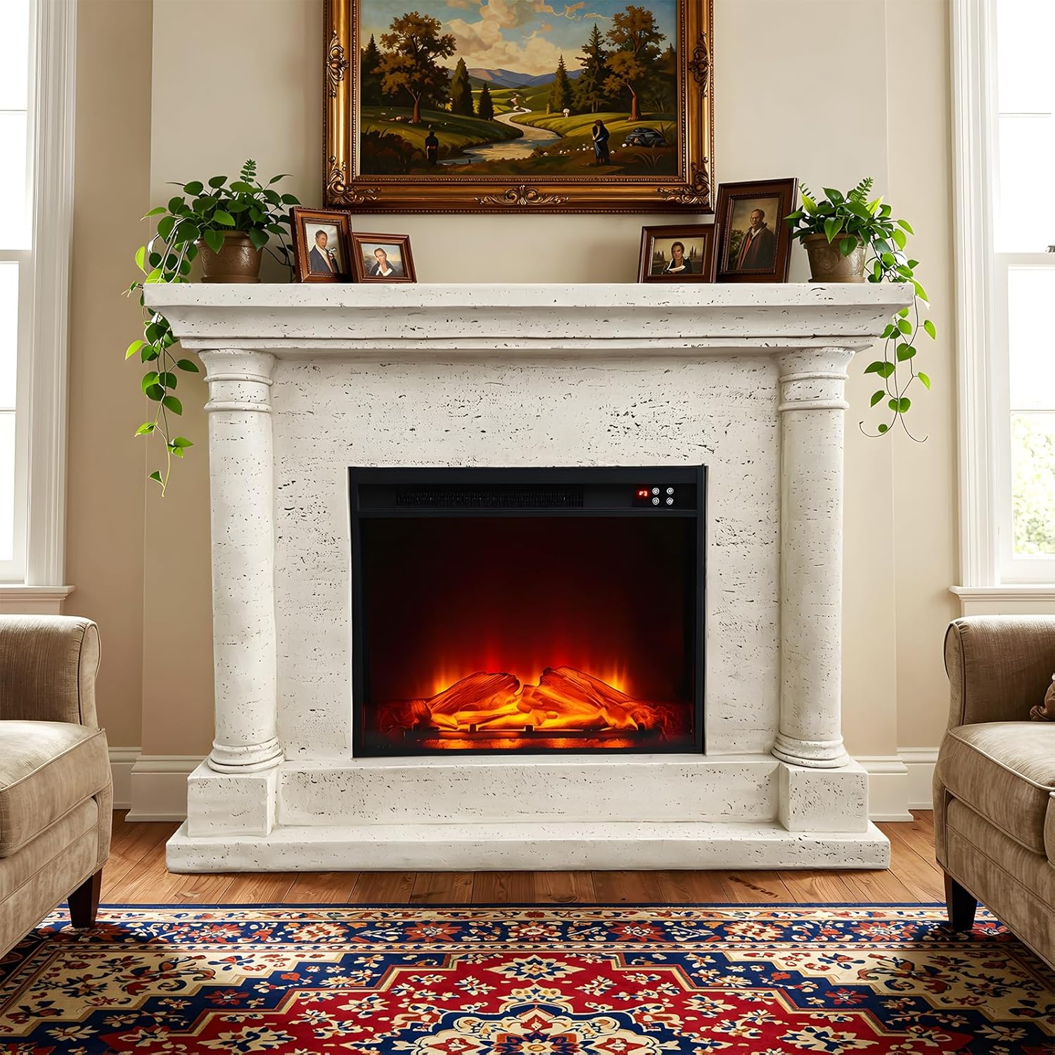 LIVILAND 44.5" MGO Electric Fireplace Mantel, Faux Stone Freestanding Heater, 100LB TV Stand Top, Realistic Flame, Remote & Overheat Protection, Modern Farmhouse Deco (Ivory Travertine)