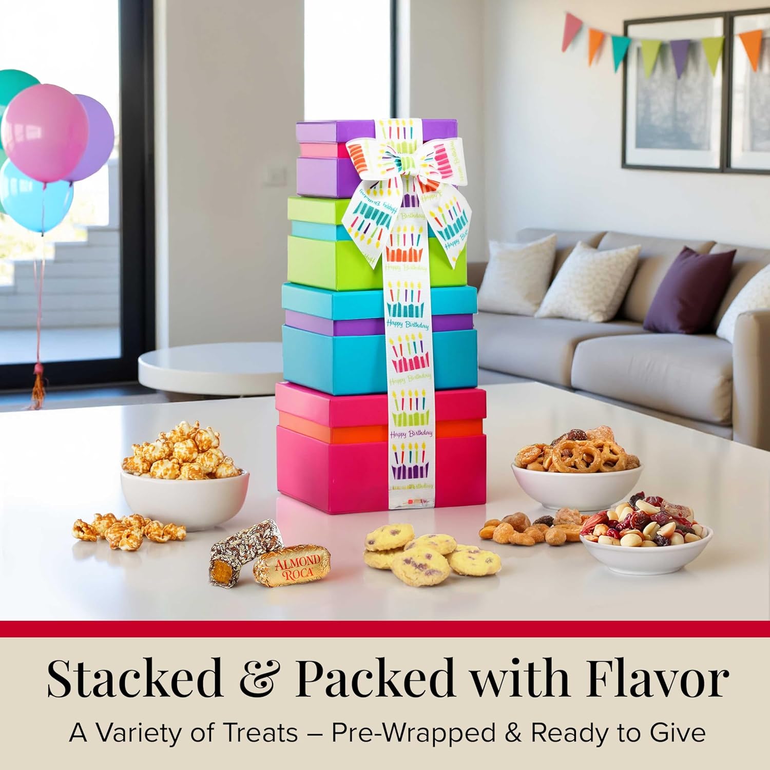 Broadway Basketeers Birthday Food Gift Basket 4 Box Tower – Snack Box, Sweet & Savory Treats for Parties, Best Wishes, Birthday Presents for Women, Men, Mom, Dad, Her, Him, Families