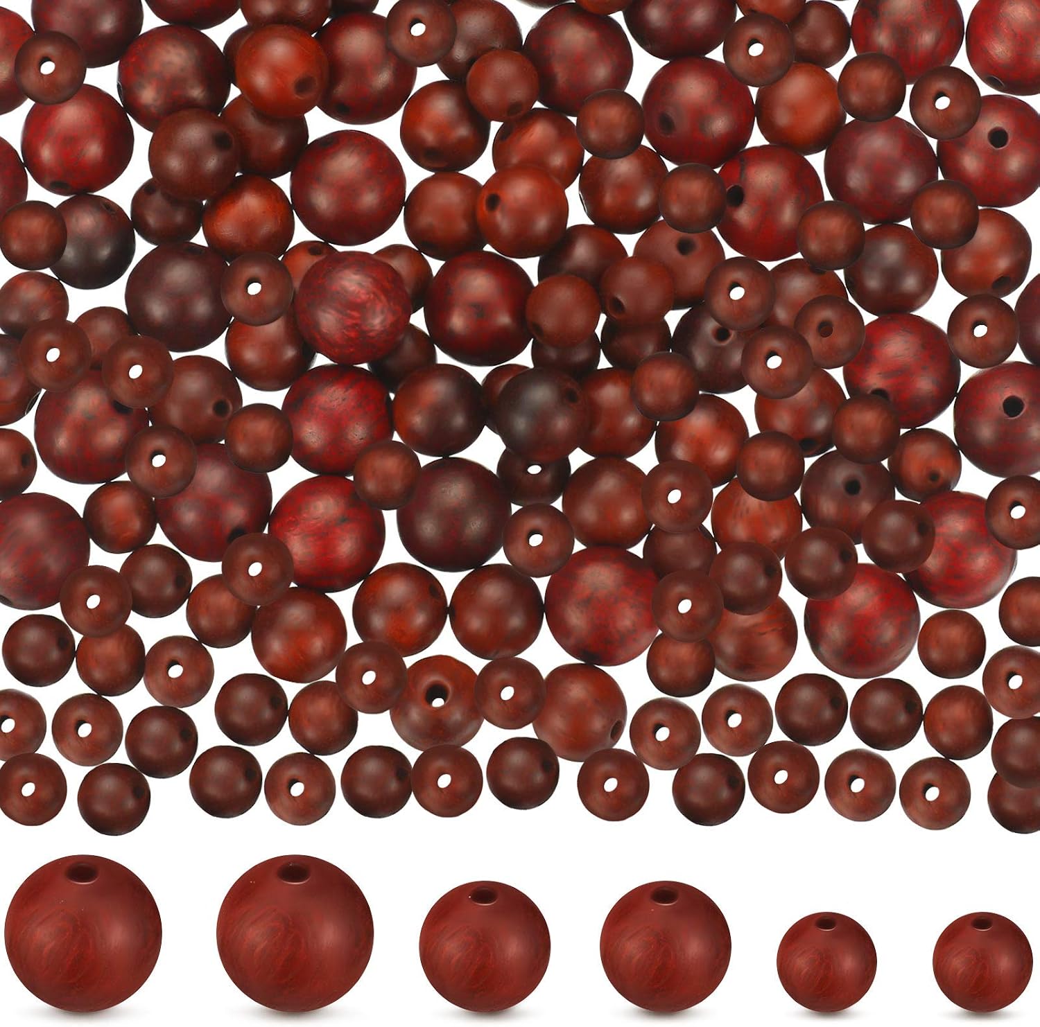 300 Pieces Natural Wood Round Beads Handmade Polished Spacer Beads Wooden Loose Beads Crafts for Spring Easter Jewelry Making DIY Bead Garland Crafts (Red Sandalwood,6 mm, 8 mm, 10 mm)