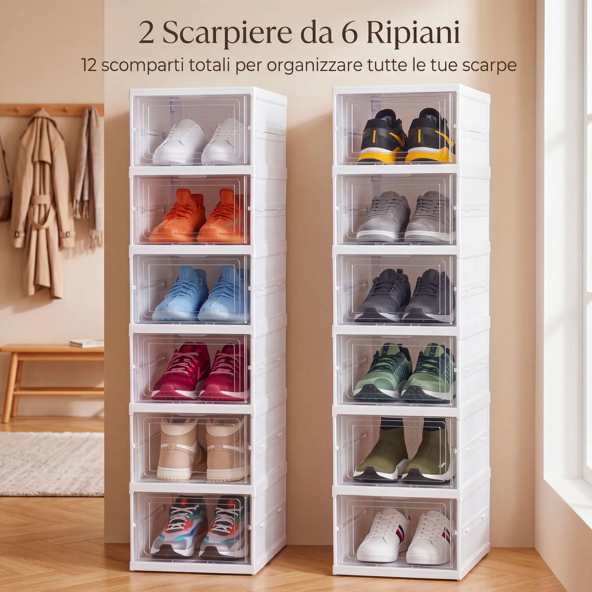 081 Store - 2 PEZZI Scarpiera Salvaspazio Slim Pieghevole 12 ripiani in totale Facile da Montare e Compatta, Organizer Portascarpe con 6 Contenitori ognuno per Scarpe e Ciabatte