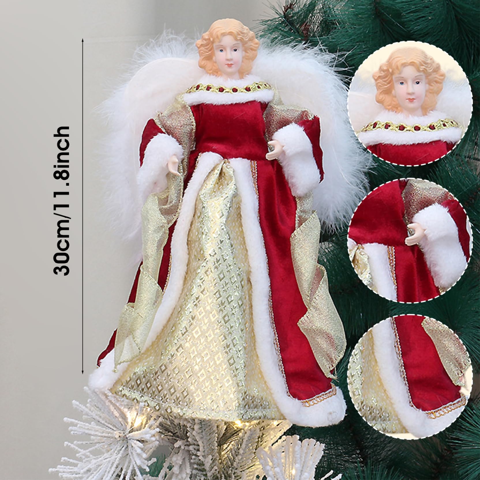Adorno para árbol de Navidad con Forma de ángel, Adorno para árbol de ángel Rojo y Dorado de 11, 8 Pulgadas con ala emplumada para decoración navideña del hogar.