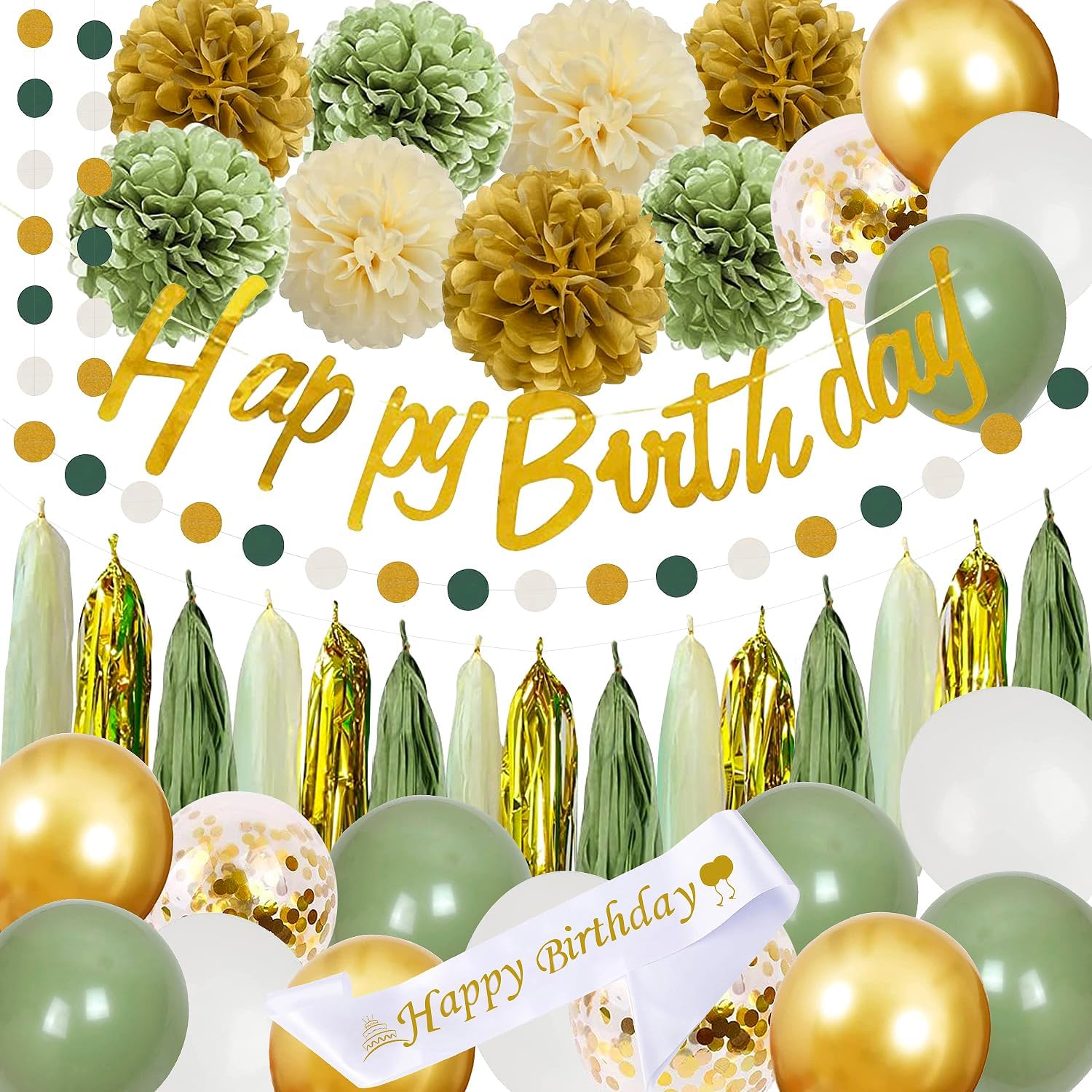 Ssxyan Sage Green Birthday Party Decorations with Happy Birthday Banner,Gold Fringe Curtain,Circle Dots Garland,Tissue Pompoms,Paper Tassels Garland for Girls Women Birthday Decor