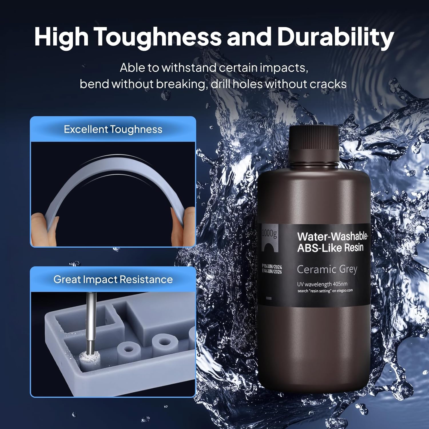 ELEGOO Water Washable ABS-Like 3D Printer Resin Ceramic Grey 1000g, High Performance, Durable, Low Odor, 3D Resin for 405nm MSLA LCD DLP Resin 3D Printers