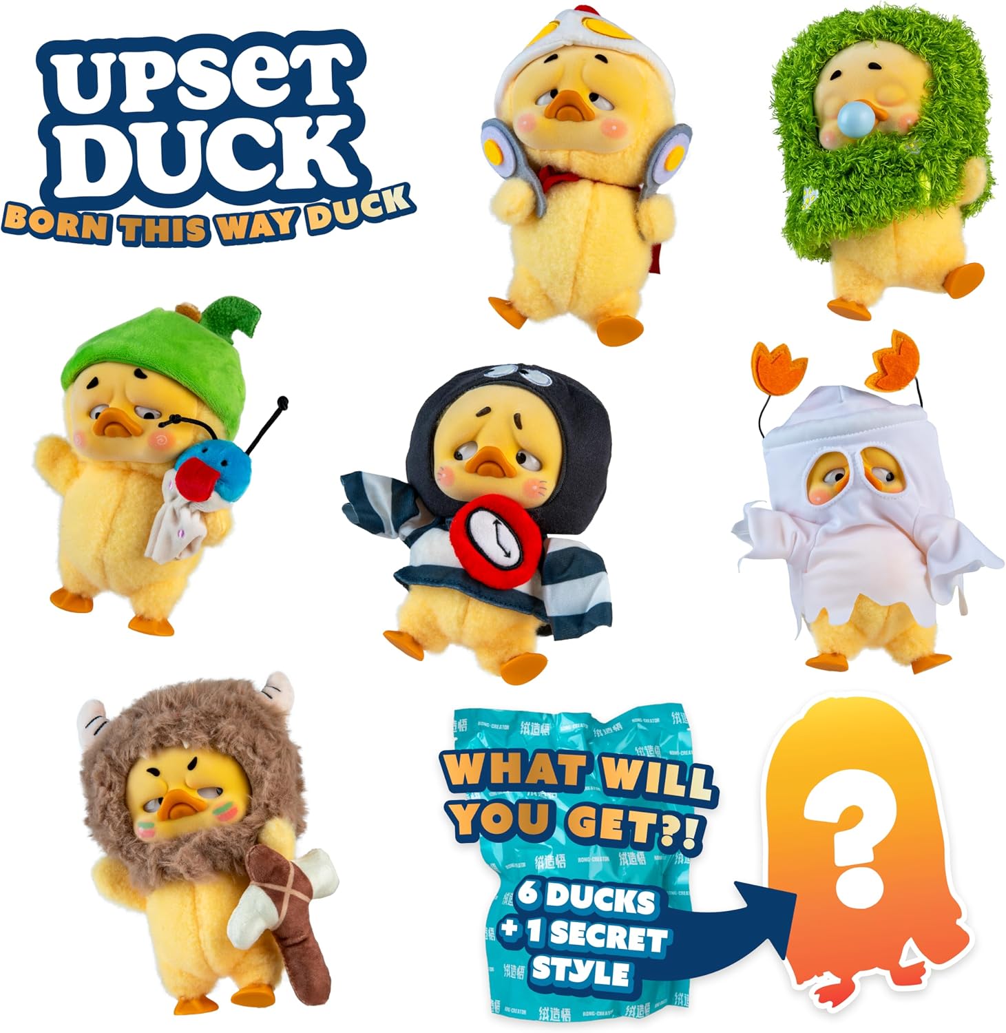 ORB Official Upset Duck Blind Box Plush Figurine - Born This Way Series - Collectible Plush Duck Decorative Figure with Cute Outfits - 1 of 7 Possible Figures (1 Rare Figure) to Collect in Each Box