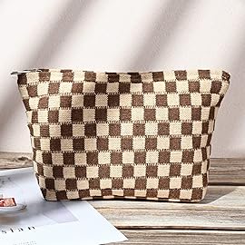 SOIDRAM 2 Pieces Makeup Bag Large Checkered Cosmetic Bag Capacity Canvas Travel Toiletry Bag Organizer Cute Makeup Brushes Aesthetic Accessories Storage Bag for Women, Checkered L Black Brown