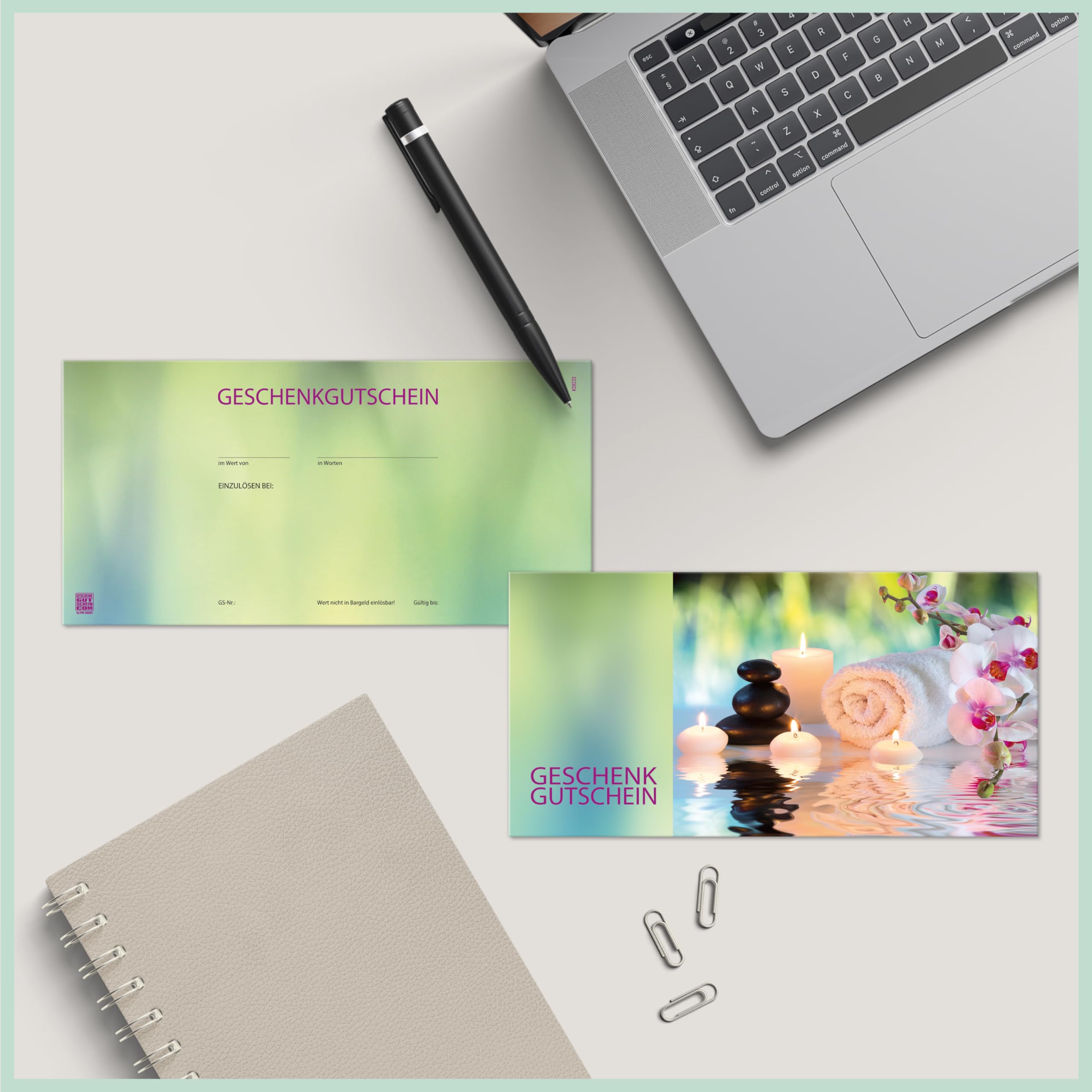 GESCHENKGUTSCHEINcom - 100 Geschenkgutscheine mit Umschlag - Formulare mit Motiv für Kosmetiksalon Massageinstitute Heilpraktiker KS9233-1-100-V1