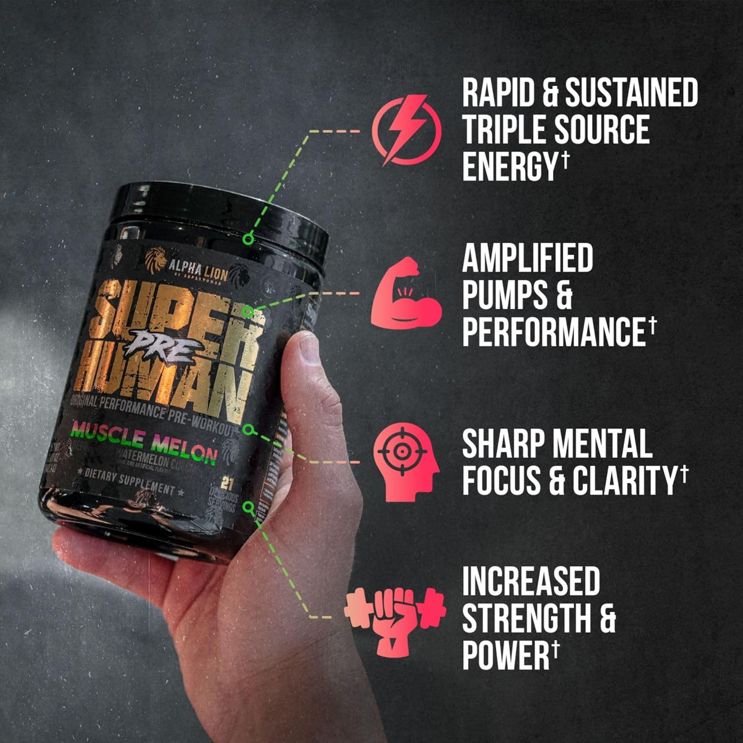 ALPHA LION Superhuman Pre Workout Powder, Beta Alanine, L-Taurine & Tri-Source Caffeine for Sustained Energy & Focus, Nitric Oxide & Citrulline for Pump (21 Servings, Muscle Melon) - Image 7