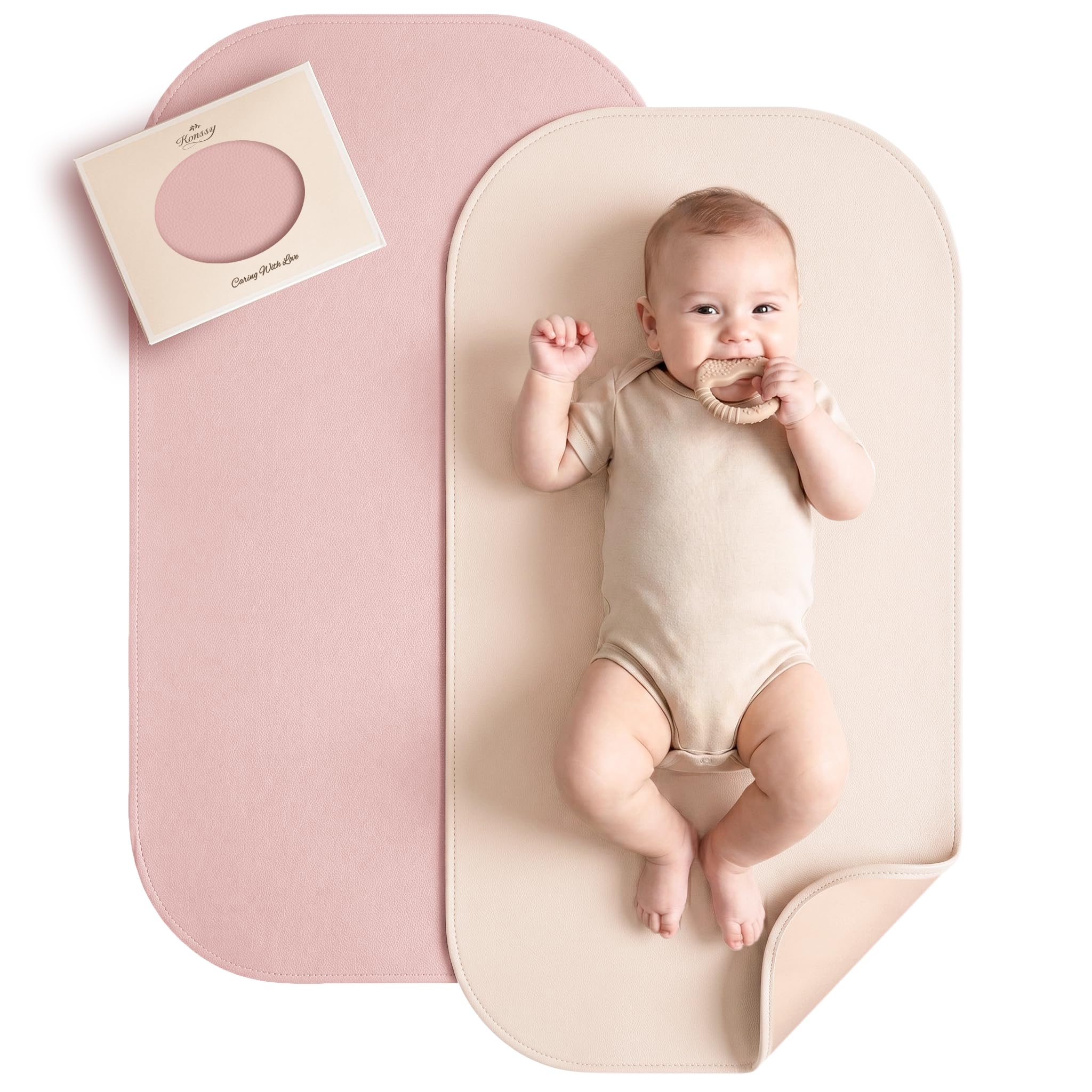Konssy Matelas à langer en cuir végétalien (rose poudré, beige)