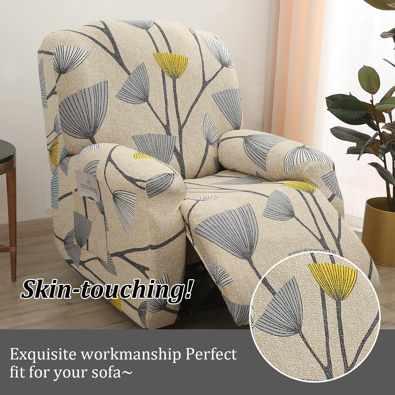 Jaotto Copripoltrona Relax Reclinabile, Fodere 1 Posto Universale, Moderne, con Tasche Lavabile, Coperture per Divano da Massaggio, Foglie Beige