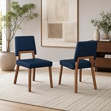 Armen Living Channell Mid-Century Wood Dining Chair in Walnut Finish with Admiral Blue Faux Leather Seat - Set of 2