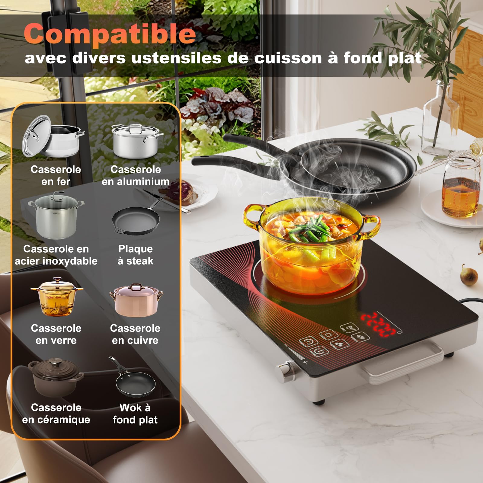 Plaque Vitrocéramique 1 Feu 2200W, Portable Plaque Électrique avec Minuterie, Verrouillage de Sécurité, Commande Bouton, Cuisson Sans Flamme, Surface en Verre Noir