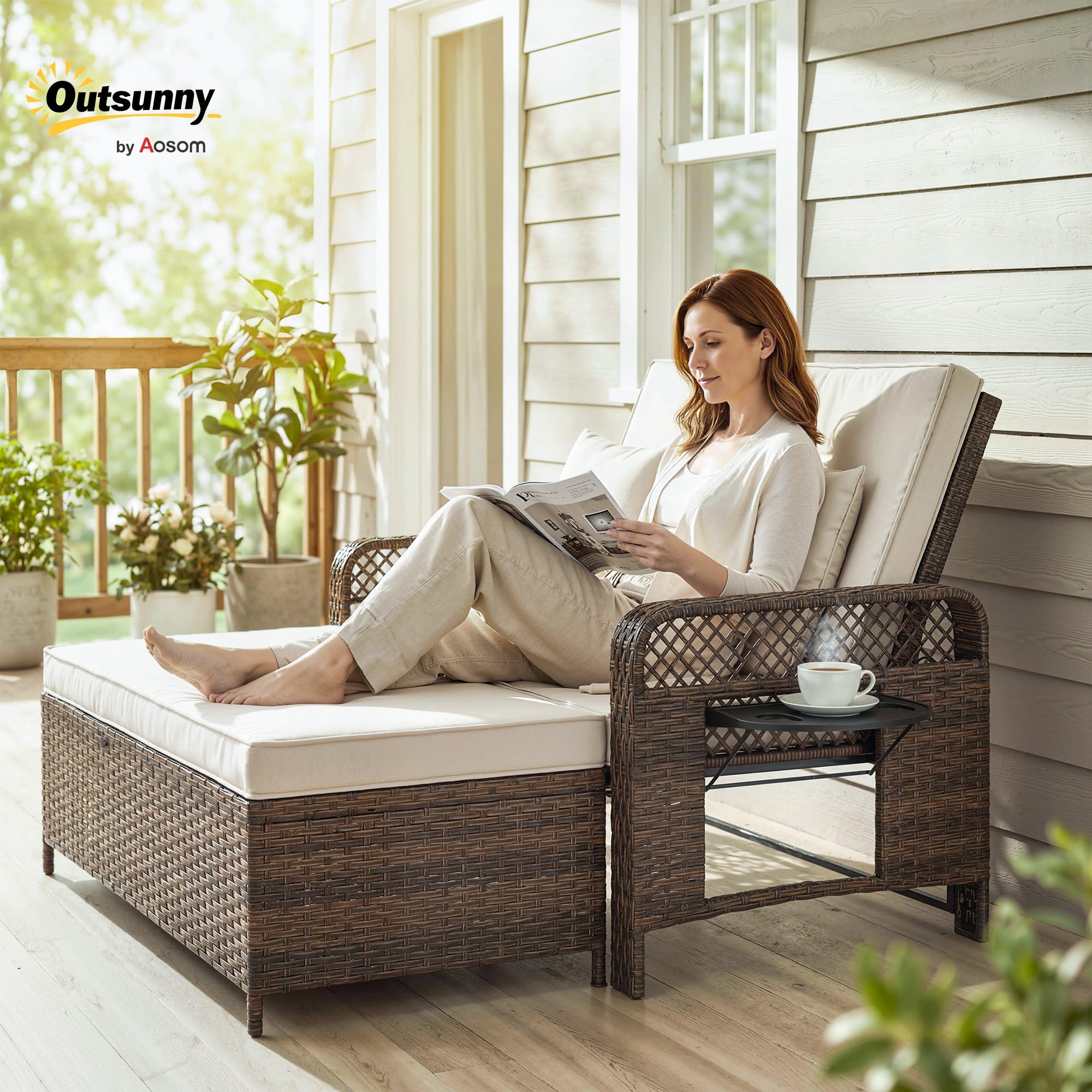 Outsunny 2 Pieces Patio Lounge Chair Set with Cushions, PE Wicker Outdoor Chaise Lounge with Adjustable Backrest, Side Trays and Storage Ottoman, Tanning Chair, Cream White - 3