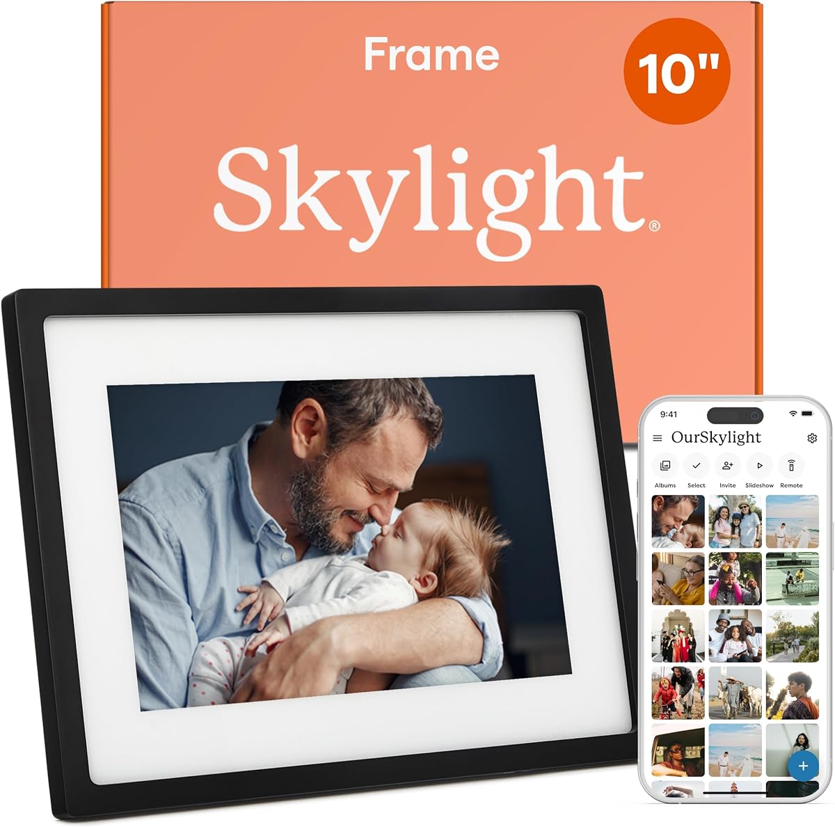 Marco de fotos digital Skylight, capacidad de carga desde el teléfono, 10" negro | No necesita suscripción, marco de fotos digital con pantalla táctil, WiFi, almacenamiento basado en la nube, regalo personalizable para amigos y familiares