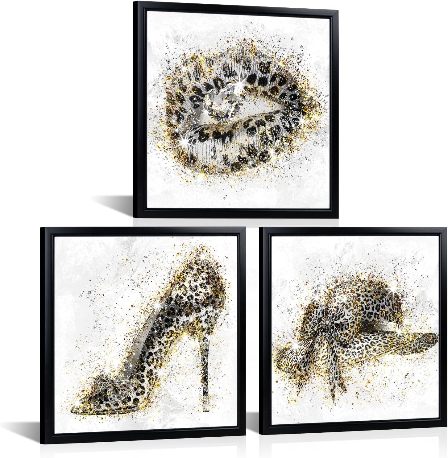 OuElegent Fashion Wall Art Set, 3 Piece Glam Glitter Canvas with Black Frame, Le…
