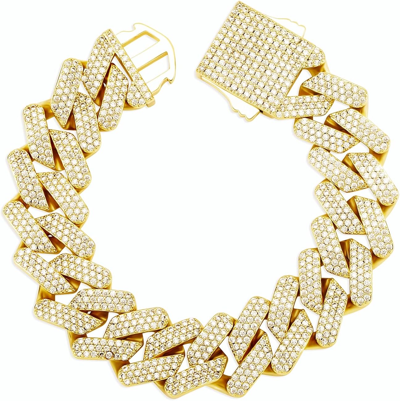 TOPGRILLZ 20mm 6 Times 14K Gold Plated Full Iced Out Prong Setting Cubic Zirconia Box Clasp Miami Cuban Link Bracelet for Men Hip Hop