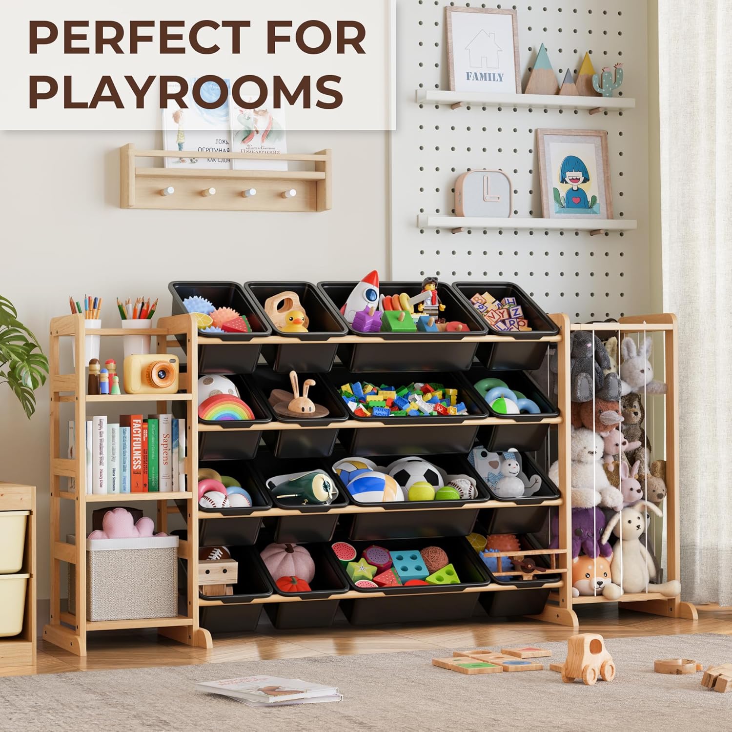 Toy Storage Organizer with Bookshelf and Stuffed Animal Storage - Kids Playroom Organization with Shelves and 16 Toy Bins - Toddler Living Room Toy Box for Lego - Nursery Bedroom Decor Essentials