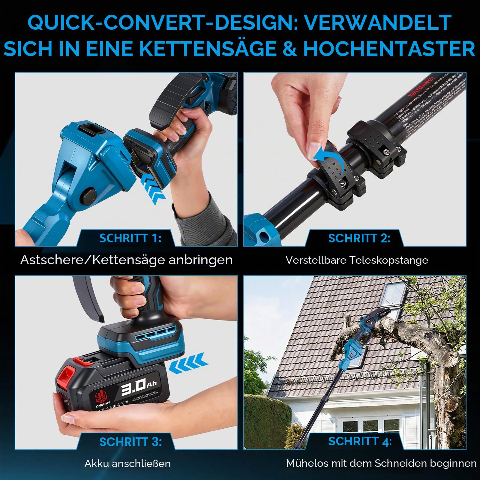 ONEVAN Akku Hochentaster & Ast Kettensäge mit 2m Teleskopstange, 4-in-1 Set, Bürstenlos 35mm Astschere + 6 Zoll Mini Kettensäge, 180° Einstellbar, mit 2x3.0Ah Akkus (Blau)