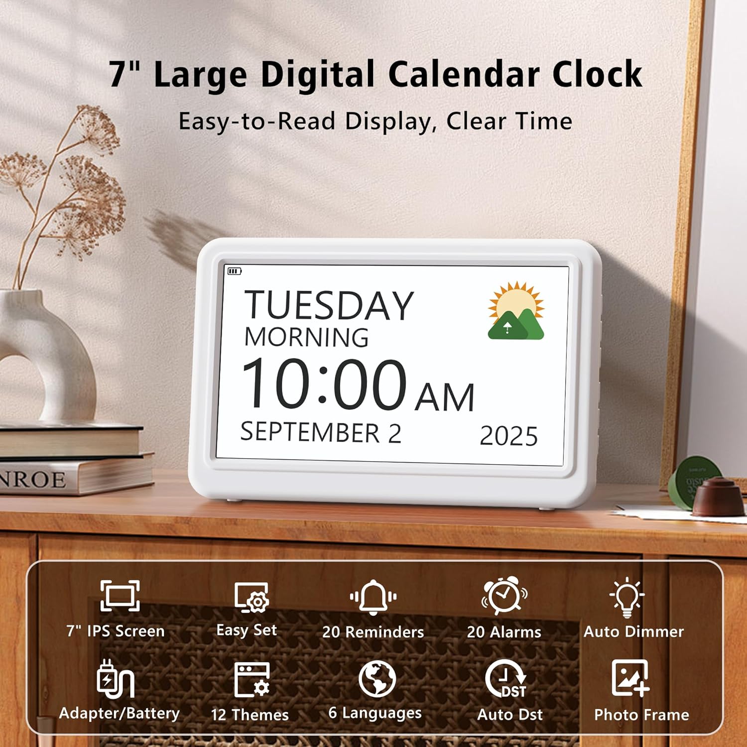 Rechargeable Digital Clock with Day and Date for Elderly, 7" Large Digital Calendar Clock for Seniors, 20 Alarms & Medication Reminders, Auto DST/Dimmer, 12 Themes, Best Gifts for People with Dementia