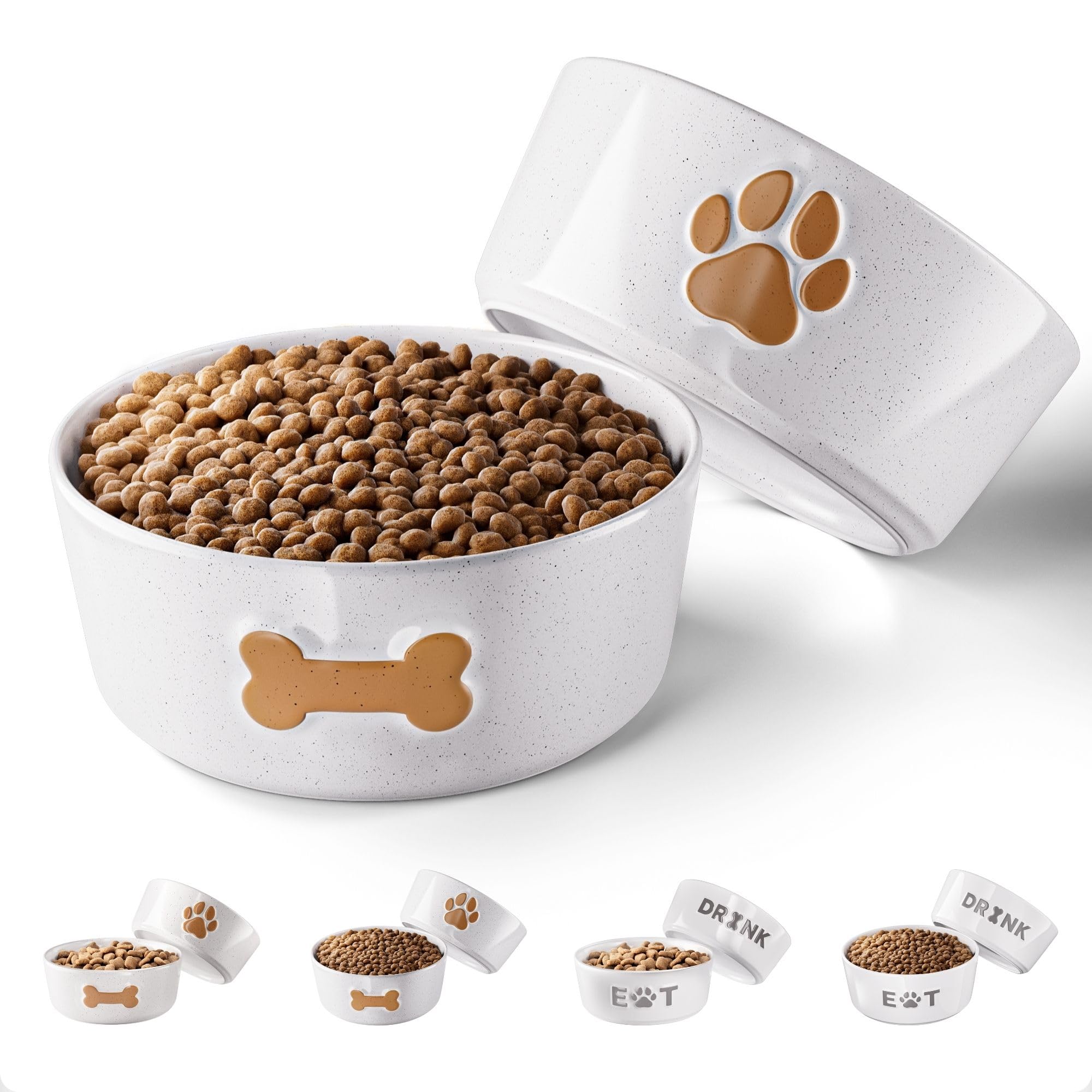 Ceramic Dog Bowl Set of 2 with Anti-Skid Base - 6.5" Wide x 2.5" Tall Ceramic Dog Bowls Medium Sized Dogs - 3.8 Cup Capacity Food and Water Bowls for