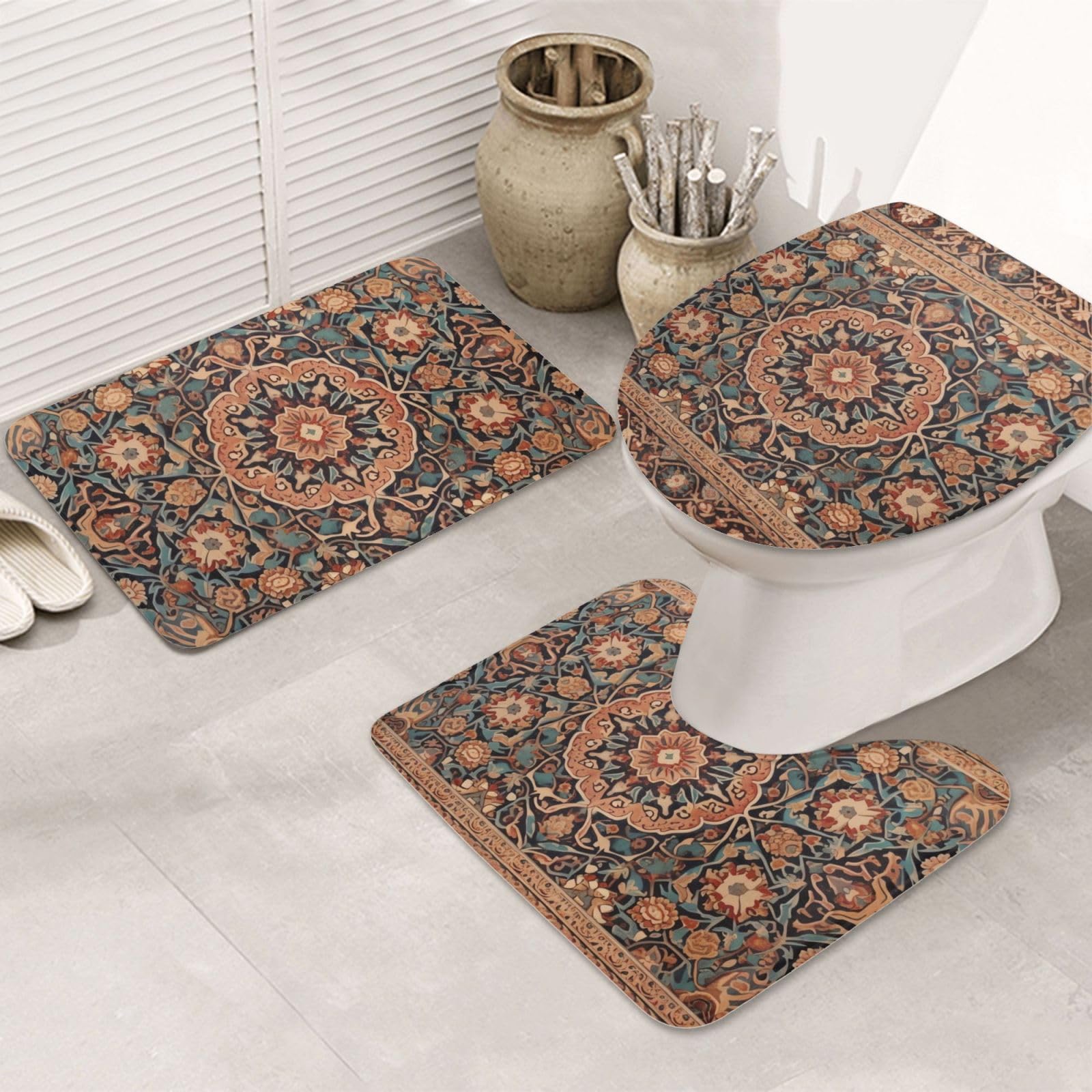 Tapis de salle de bain 3 pièces en flanelle avec motif art oriental antique