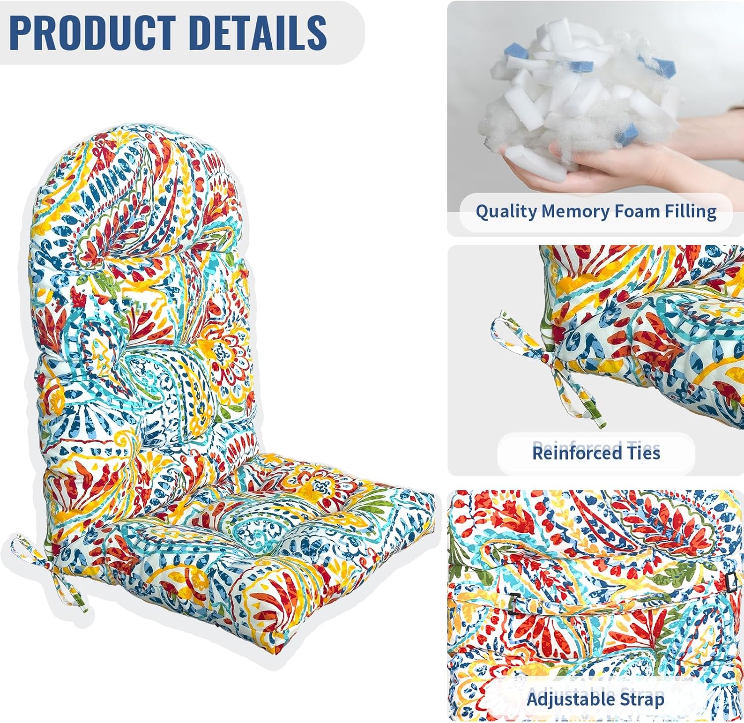 Indoor/Outdoor Adirondack Chair Cushions 44 x 19 x 4 Inch, Tufted Outdoor Rocking Chair Cushion, Anti-Slip High Back Patio Chair Cushions, Set of 2, Paisley Multi