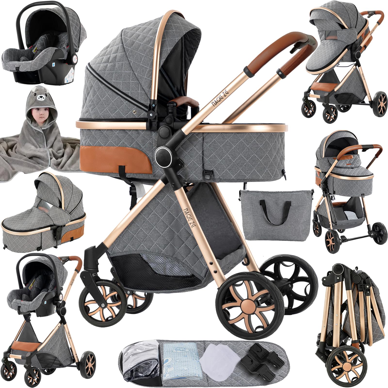 Magic ZC PU Leather 3 in 1 Pushchair Pram Travel System, Baby Stroller 3 in 1 with Reversible Two Pushing Modes, Newborn Infant Carriage One-Click Folding, Toddler Buggy Aluminum Frame (Black 518) — view 24