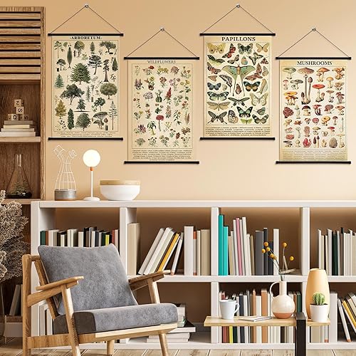 Miniatura 7 de Lewtemi Póster vintage de flores silvestres con hongos y mariposas, 4 unidades, impresiones ilustrativas para colgar en la pared, póster de tabla de