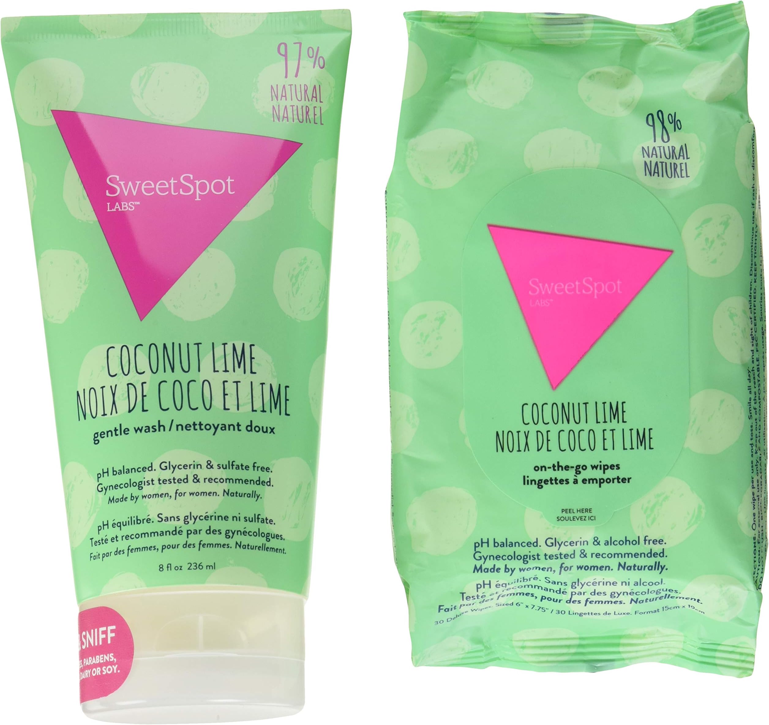 SweetSpot Labs Feminine Wash + Wipes Bundle | Coconut Lime | Clean, Gentle, Natural, pH Balanced | Gynecologist Approved | 8 ounce Wash + 30 Full Sized Wipes