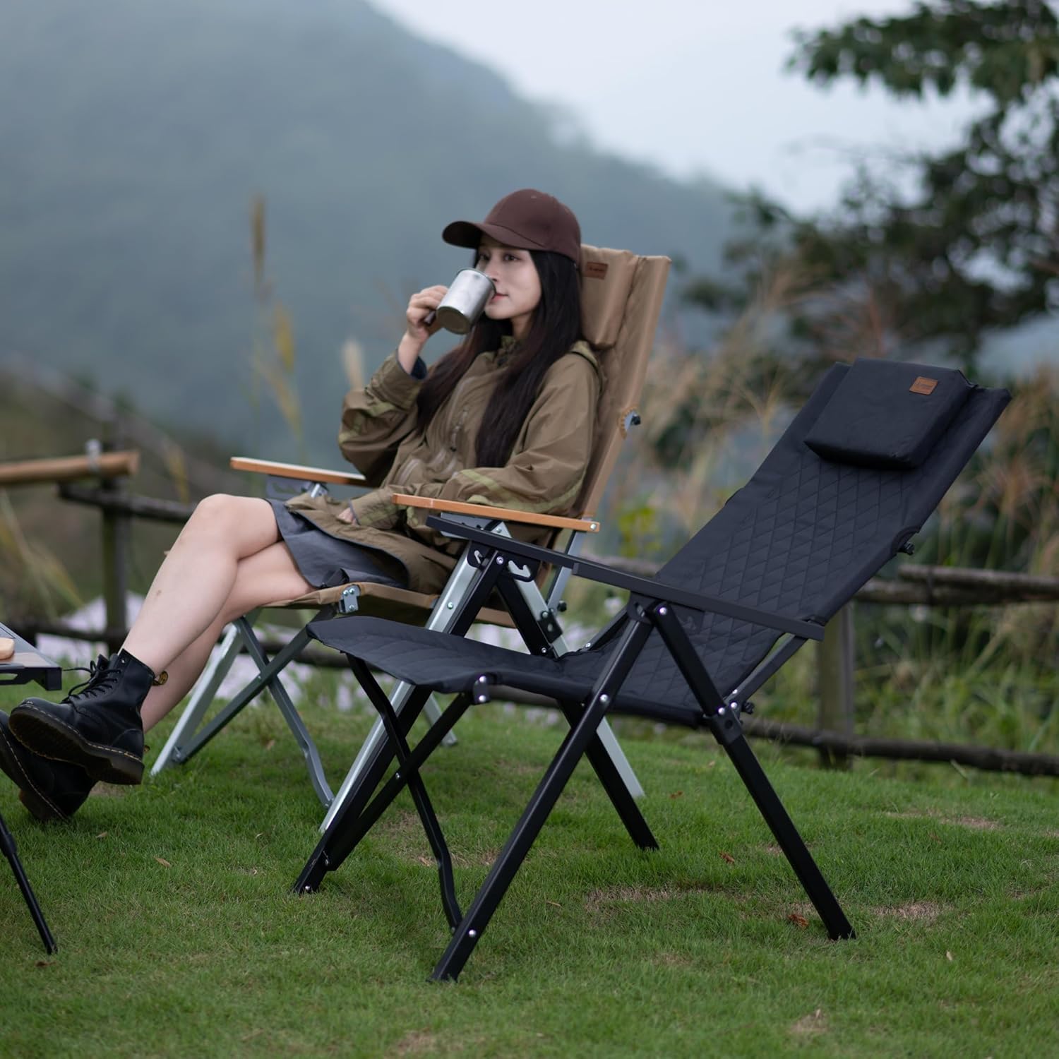 Reclining Camping Chair, Heavy Duty Folding Chairs with 4-Stage Adjustable High Back for Adults, Compact Foldable Outdoor Patio Reclining Chair with Storage Bag (Green, 2 Pack)