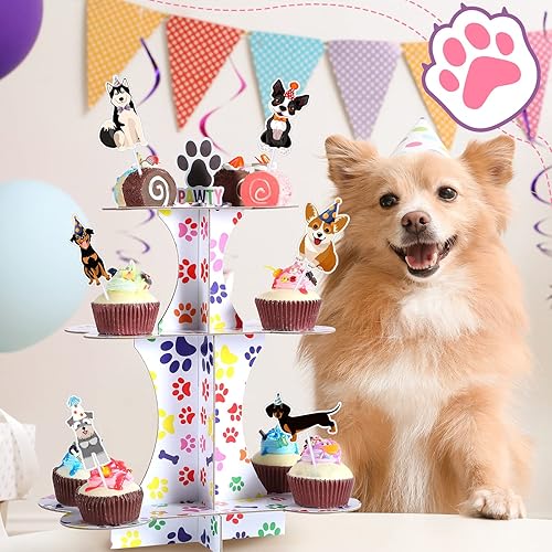 Miniatura 3 de Bokon Soporte de 3 niveles para cupcakes de perro y 24 piezas de decoración para cupcakes para perros, suministros de fiesta de cumpleaños para