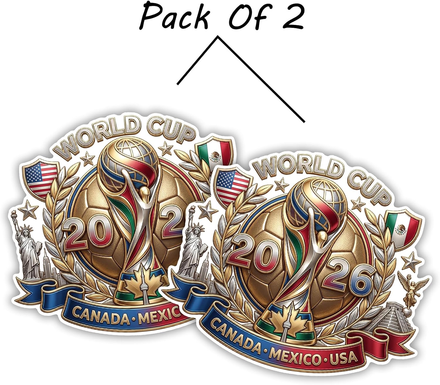 eDesign World Cup 2026 Canada Mexico USA Gold Crest Soccer Sticker Vinyl - 4 Inches - Premium Waterproof Vinyl Sticker for Cars Trucks Laptops Water Bottles and More - Weatherproof and Durable 2-Pack