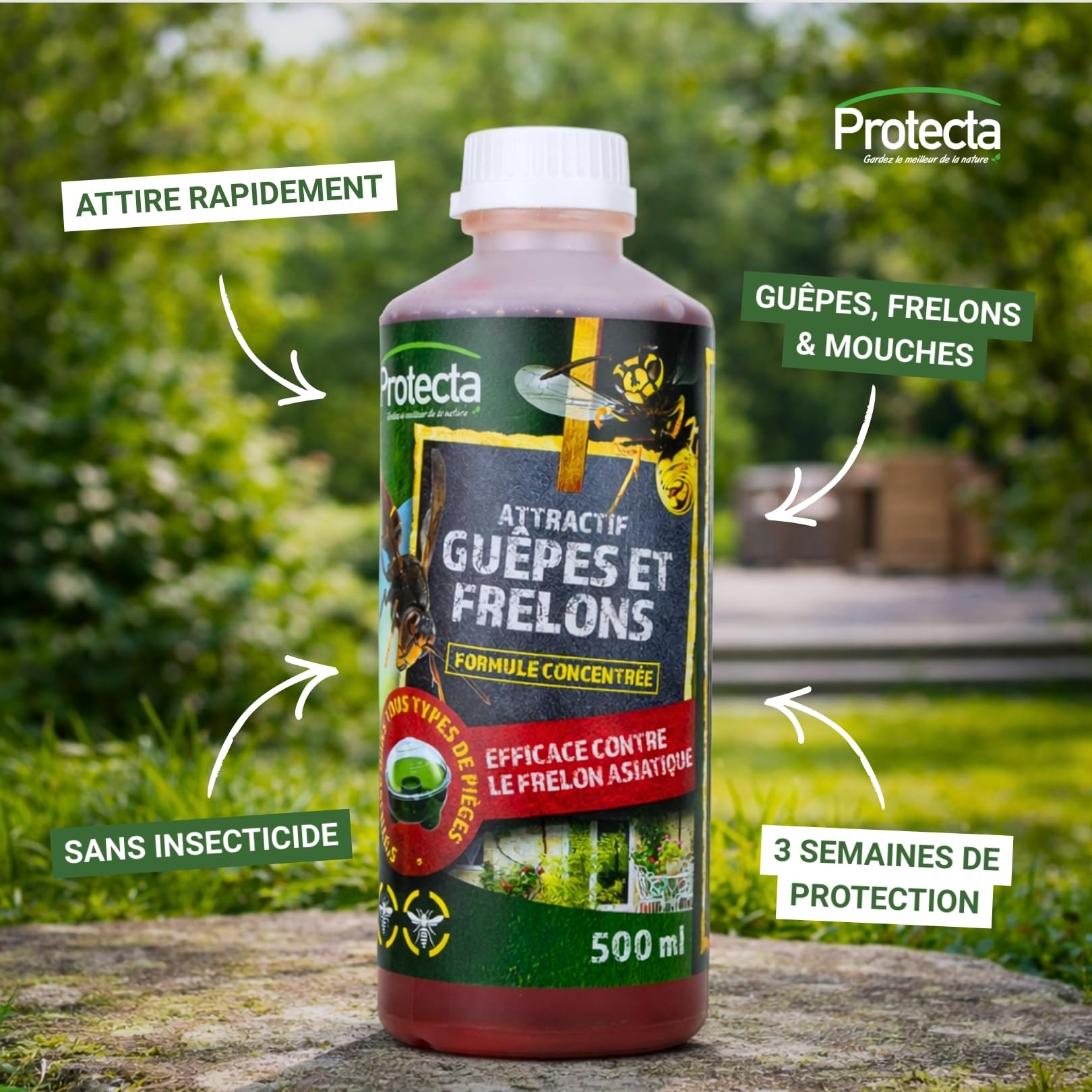 PROTECTA Attractive Vespe, Calabroni e Mosche - Liquido per trappola vespe/protezione naturale ed efficace - concentrato da diluire, può essere utilizzato in tutti i tipi di trappole - 2 x 500 ml