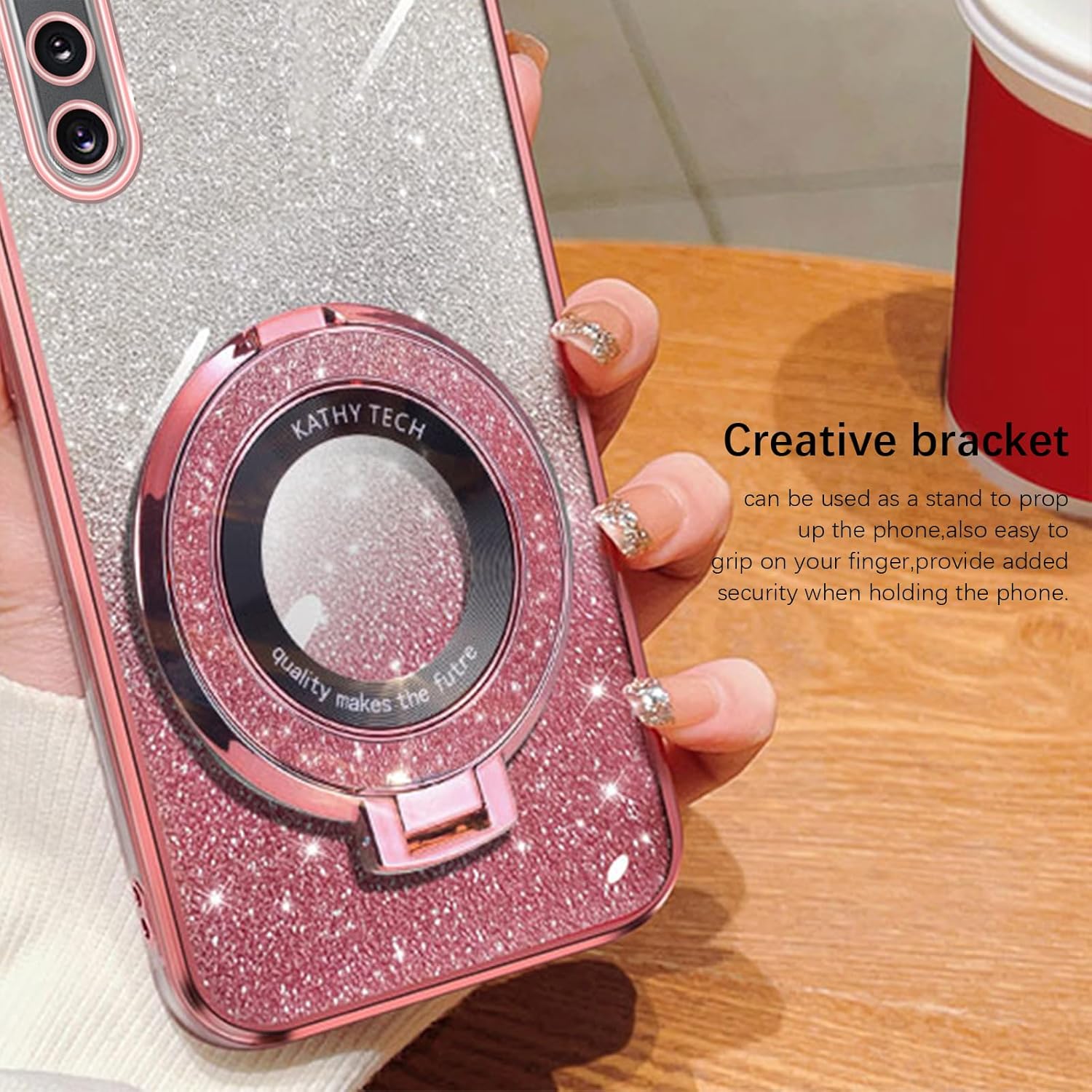 for Samsung Galaxy Note 10 Case Soft TPU Luxury Plating Cute Bling Clear for Women Shockproof with Ring Kickstand [Glitter Card & Wrist Strap] Protection Cover for Note 10 (Glitter Pink) - Image 5