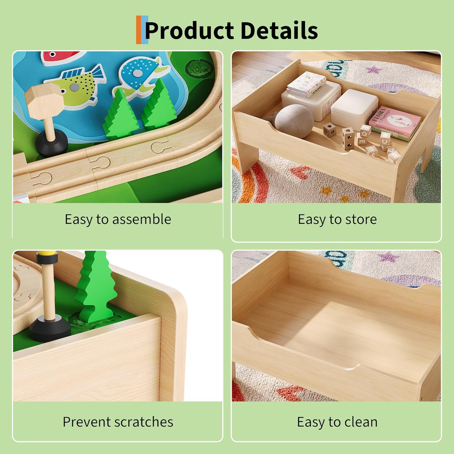 78 Piece 4-in-1 Wooden Train Table for Toddlers & Kids, Multipurpose Activity Play Set with Reversible Top, Tracks & Built-in Storage, Natural Wood