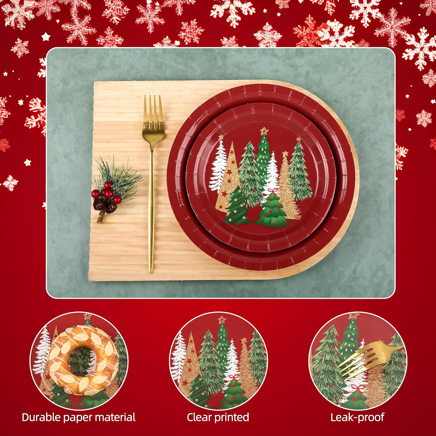 AllReal 48 Pcs Christmas Tree Paper Plates Red Pine Trees Disposable Party Plate Xmas 9" and 7" Dinner Dessert Dinnerware for Winter Holiday Party Supplies Table Decor image 3