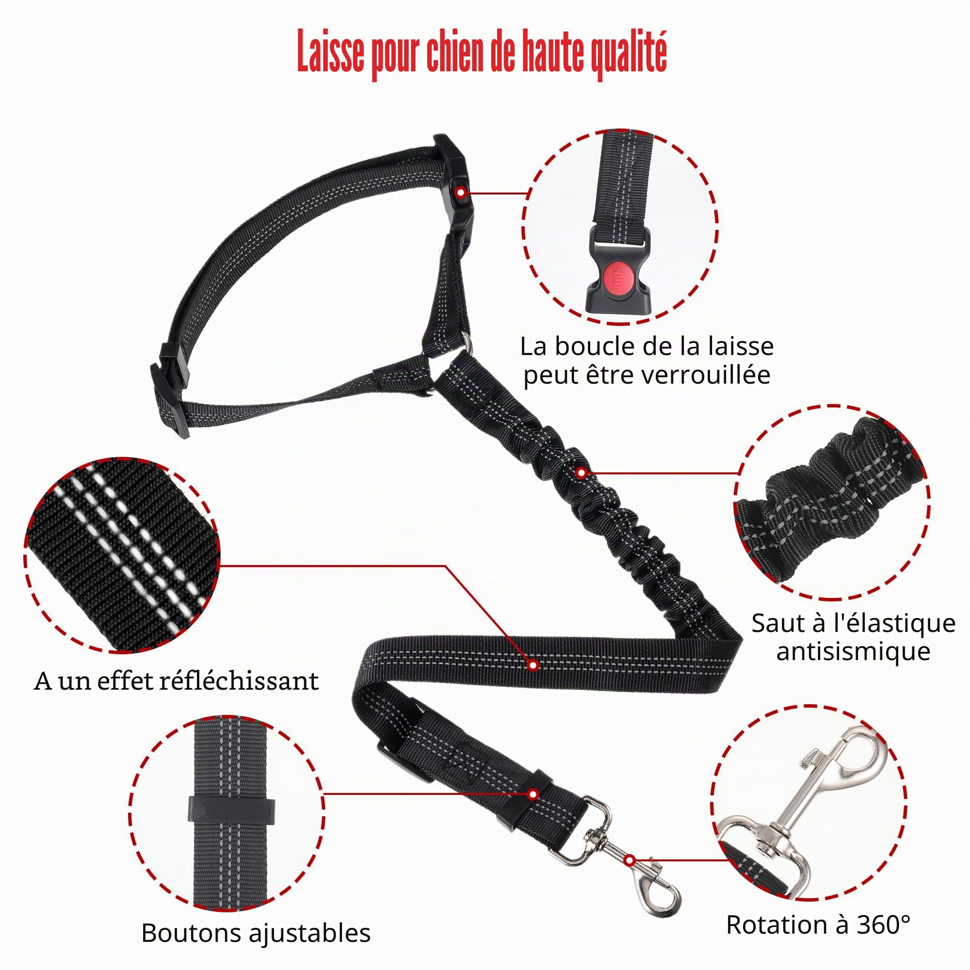 Ceinture Chien Voiture, Universel Harnais Voiture Réglable pour Chien & Chat avec Absorption des Chocs,Harnais Voiture pour Chiens,Ceinture de Sécurité pour Chien