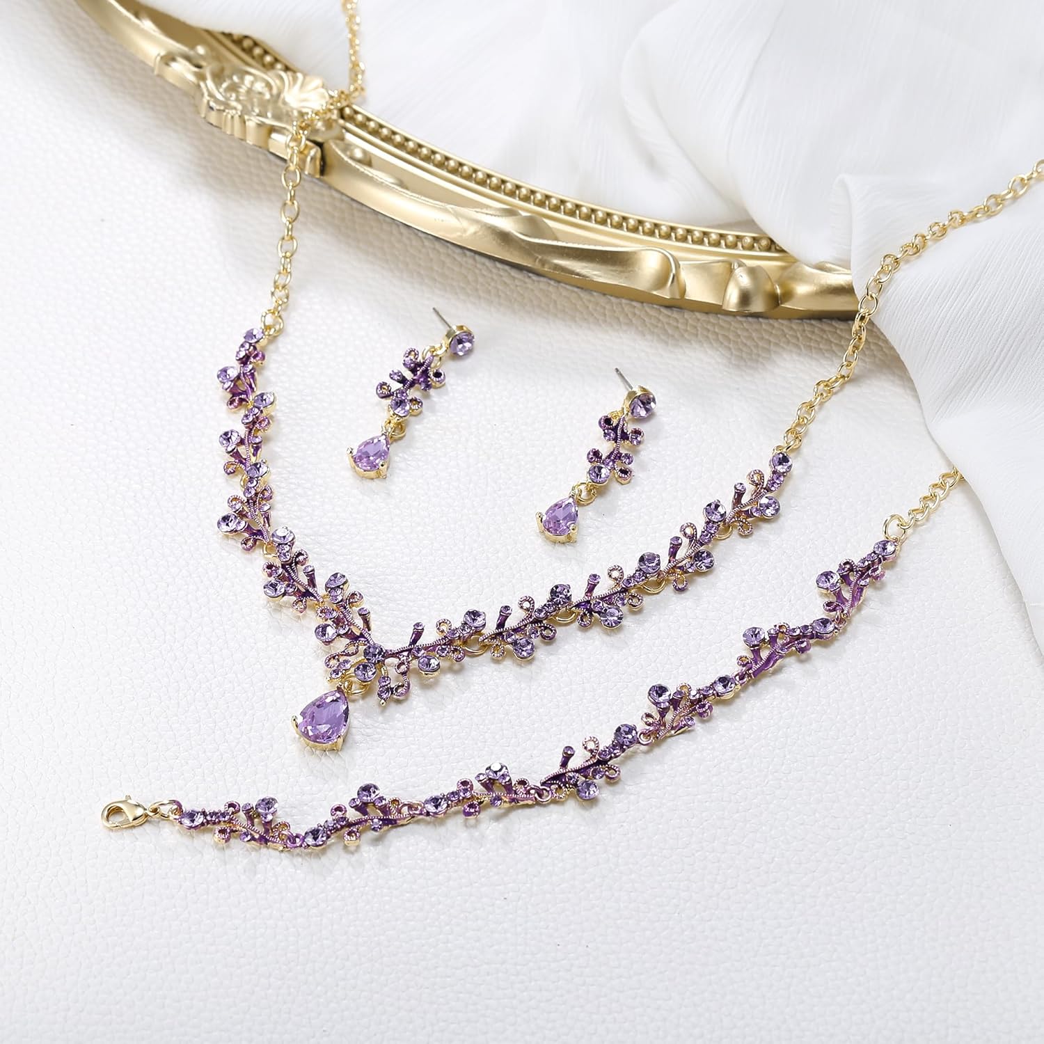 BriLove Bridal Jewelry Set for Women,Shiny Rhinestone Teardrop Leaf Cluster Statement Necklace Dangle Drop Earrings Link Bracelet for Wedding Party Prom Accessories