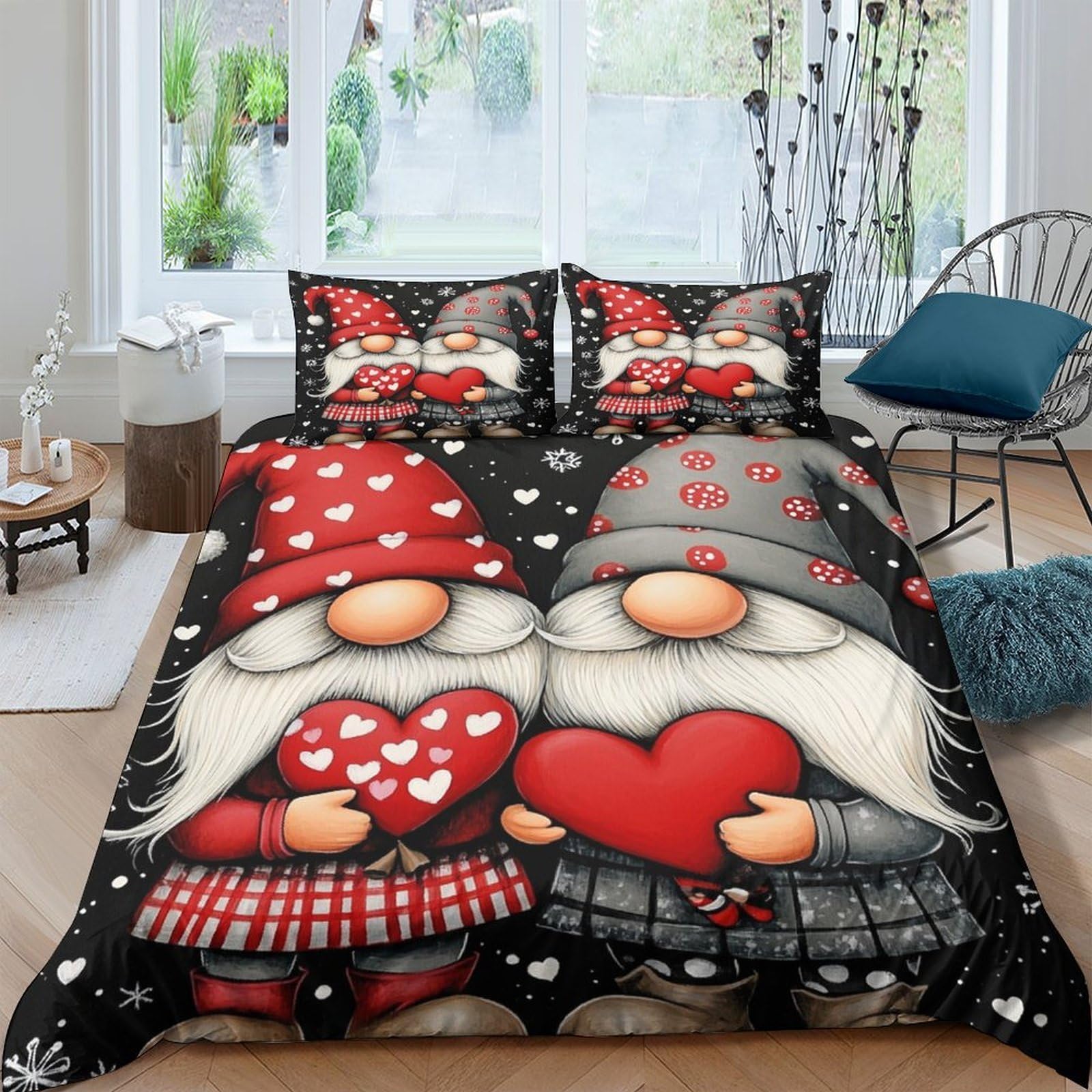 Ctjqhvkz Style-2 3D Printed Valentine Gnome Fitted Sheet Microfiber Soft Black Red Heart Bed Cover For Bedroom Dorm Mattress Decor Single（135X200cm）