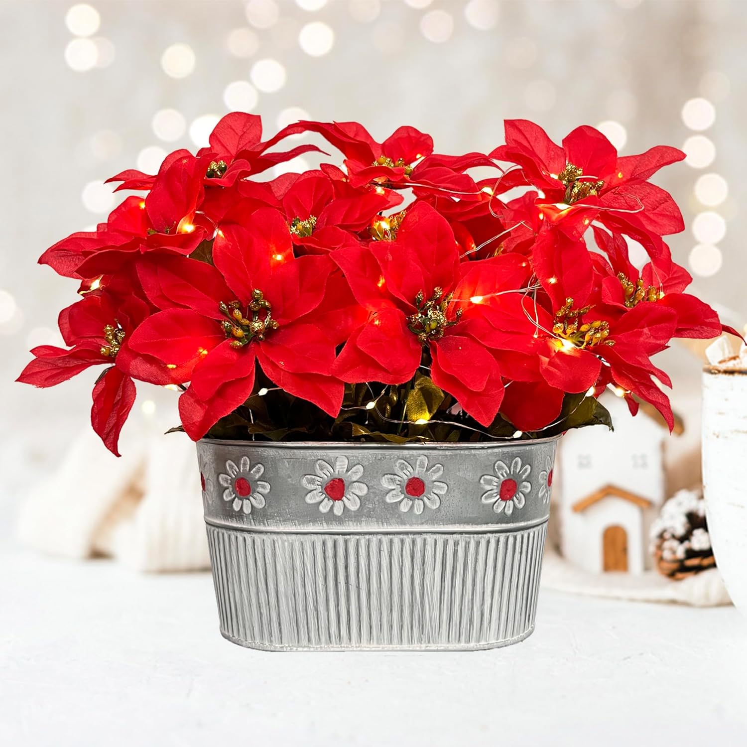 Christmas Poinsettia Table Centerpiece - Rustic Metal Pot with LED Lights, Festive Artificial Floral Arrangement for Holiday Home Décor, 1 Pack
