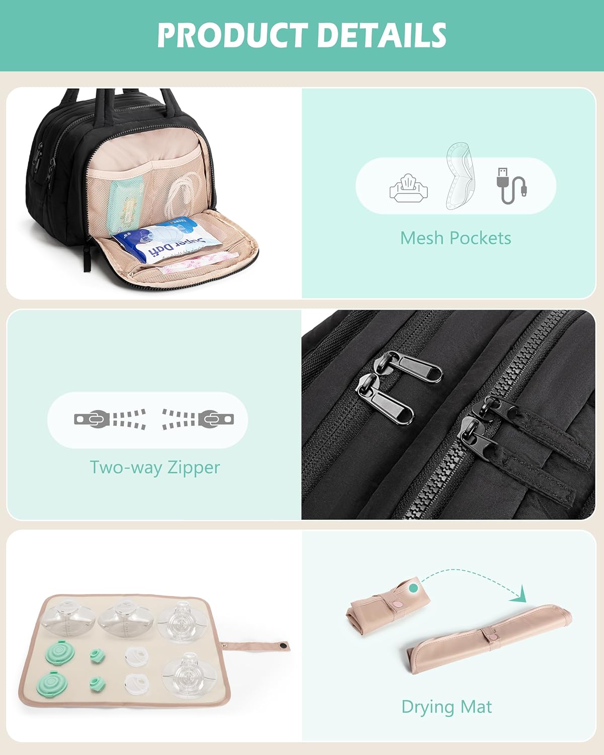 Wearable Breast Pump Bag Compatible with Momcozy and Eufy, Portable Pumping Bag with Cooler Compartment, Breast Pump Carrying Case with Drying Mat for Work, Travel and Family Use, Black