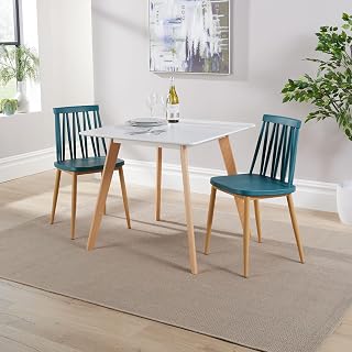 Kitchen Dining Table Set, 2 Teal Metal Chairs, 80cm White Top Table