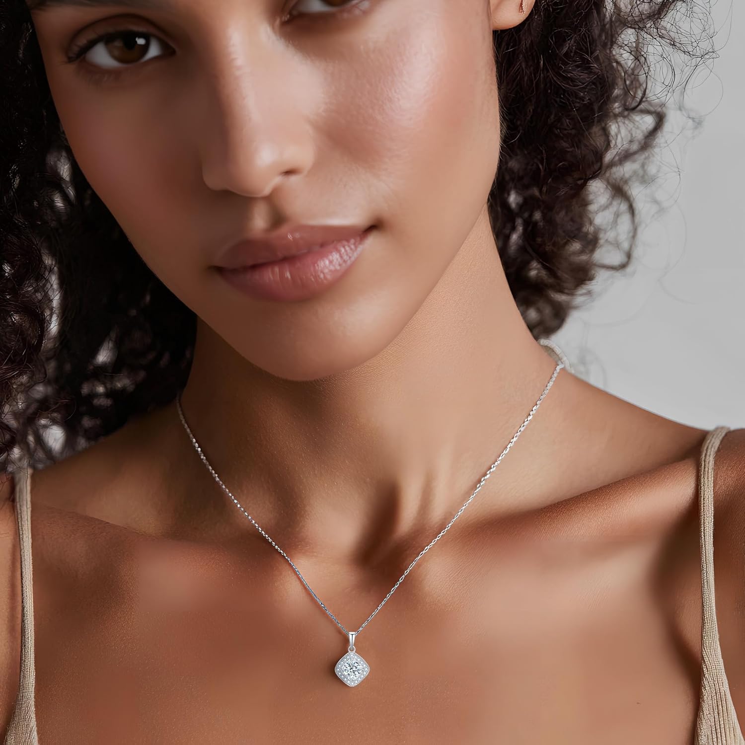 Cubic Zirconia Halo Square Necklace for Women Sterling Silver 925 Rhodium Plated Silver Jewelry - Image 3