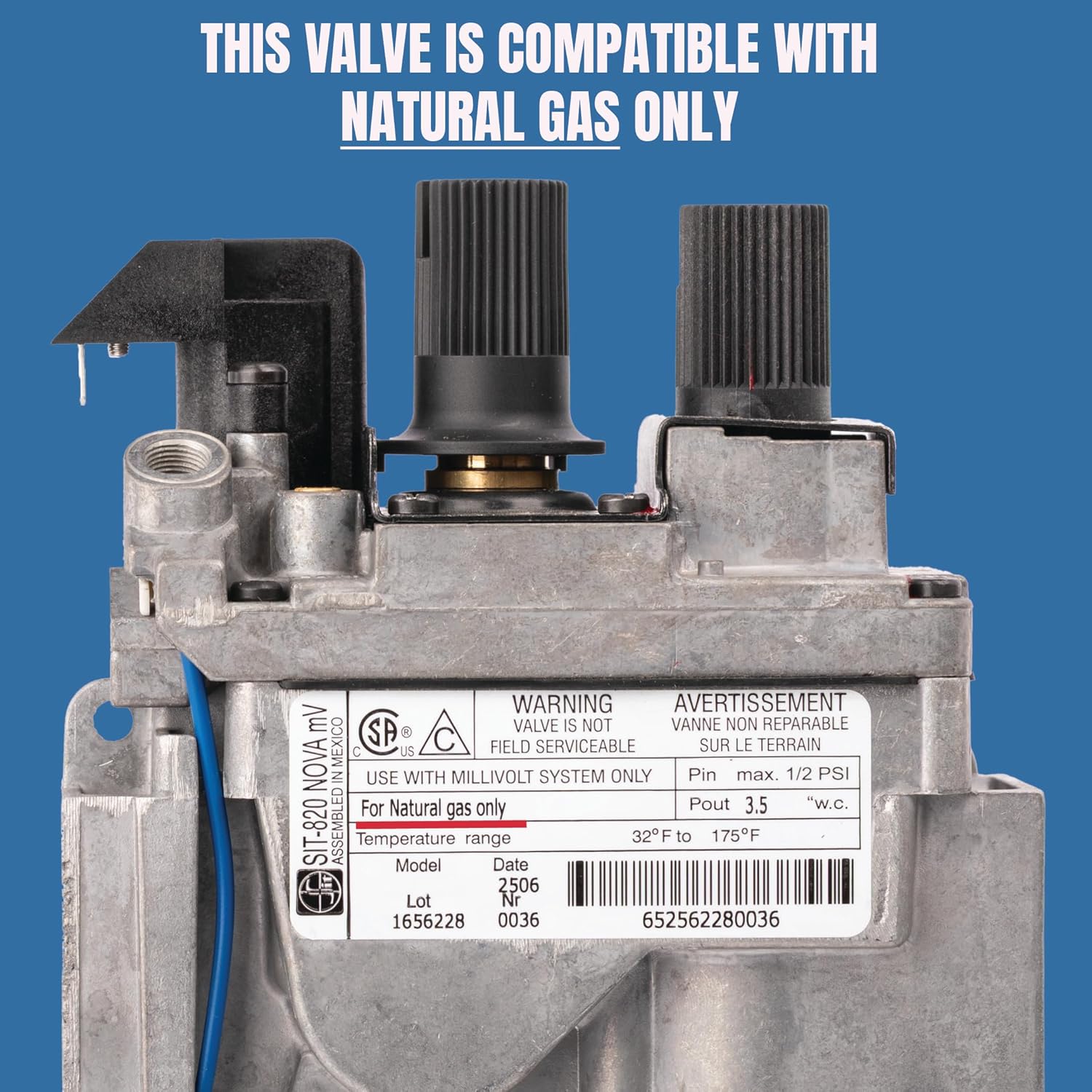 1001-P634SI Kingsman 820 Nova mV Natural Gas Replacement Millivolt Gas Valve for Direct Vent Fireplaces, Stoves, and Gas Logs