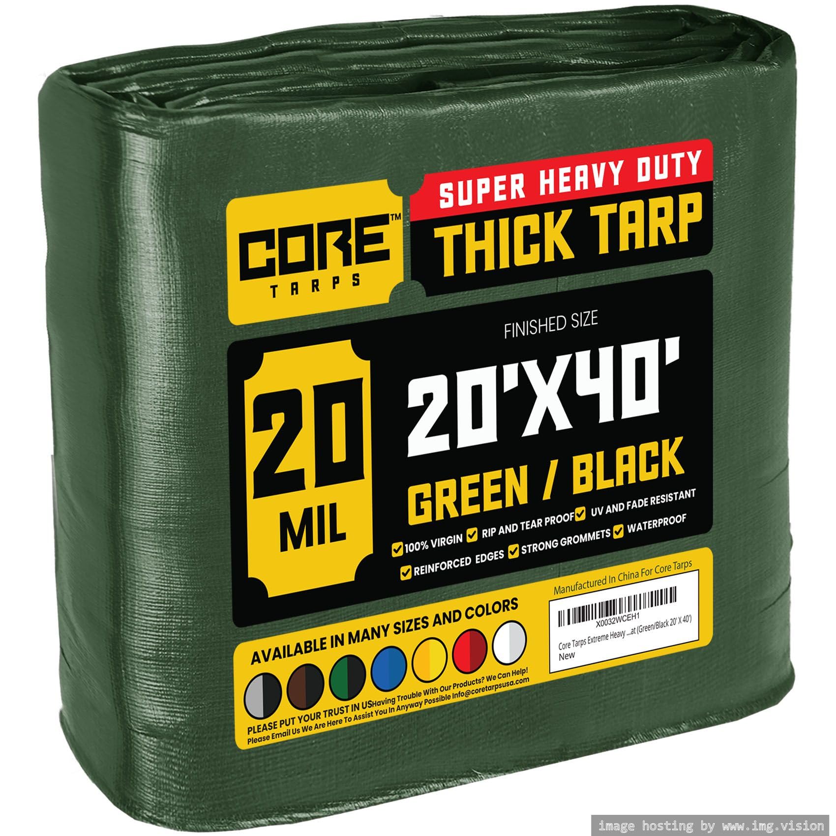 Core Tarps Extreme Heavy Duty 20 Mil Tarp Cover, Waterproof, UV Resistant, Rip and Tear Proof, Poly Tarpaulin with Reinforced Edges for Roof, Patio, Pool, Boat (Green/Black 20′ X 40′)