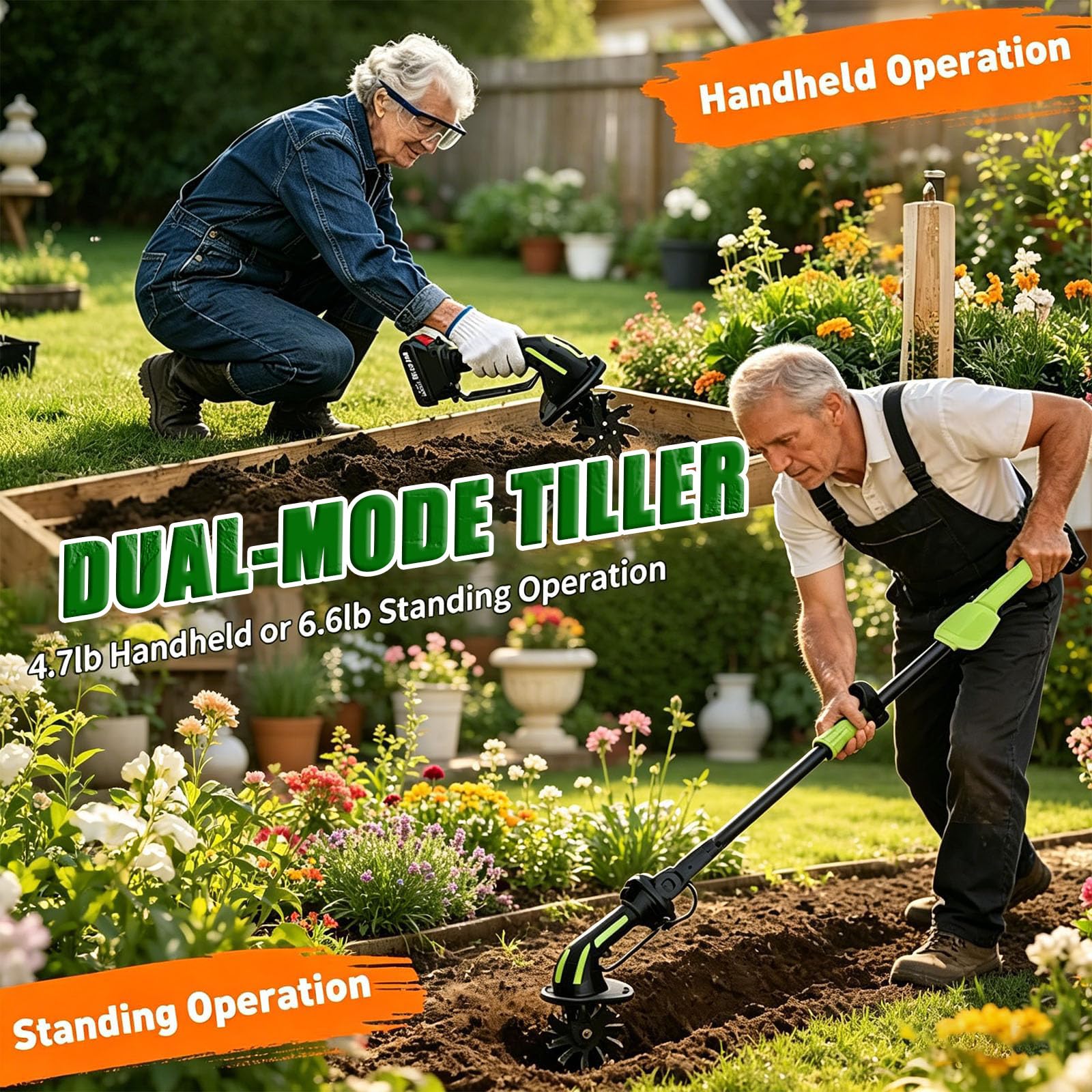 Motocultor y Motoazada sin Cable 2 en 1, Mini Motoazada de Jardín Alimentada por Batería de 550W, Cultivador de Suelo Portátil y Ligero para Césped, Huerto y Invernadero Batteryx1