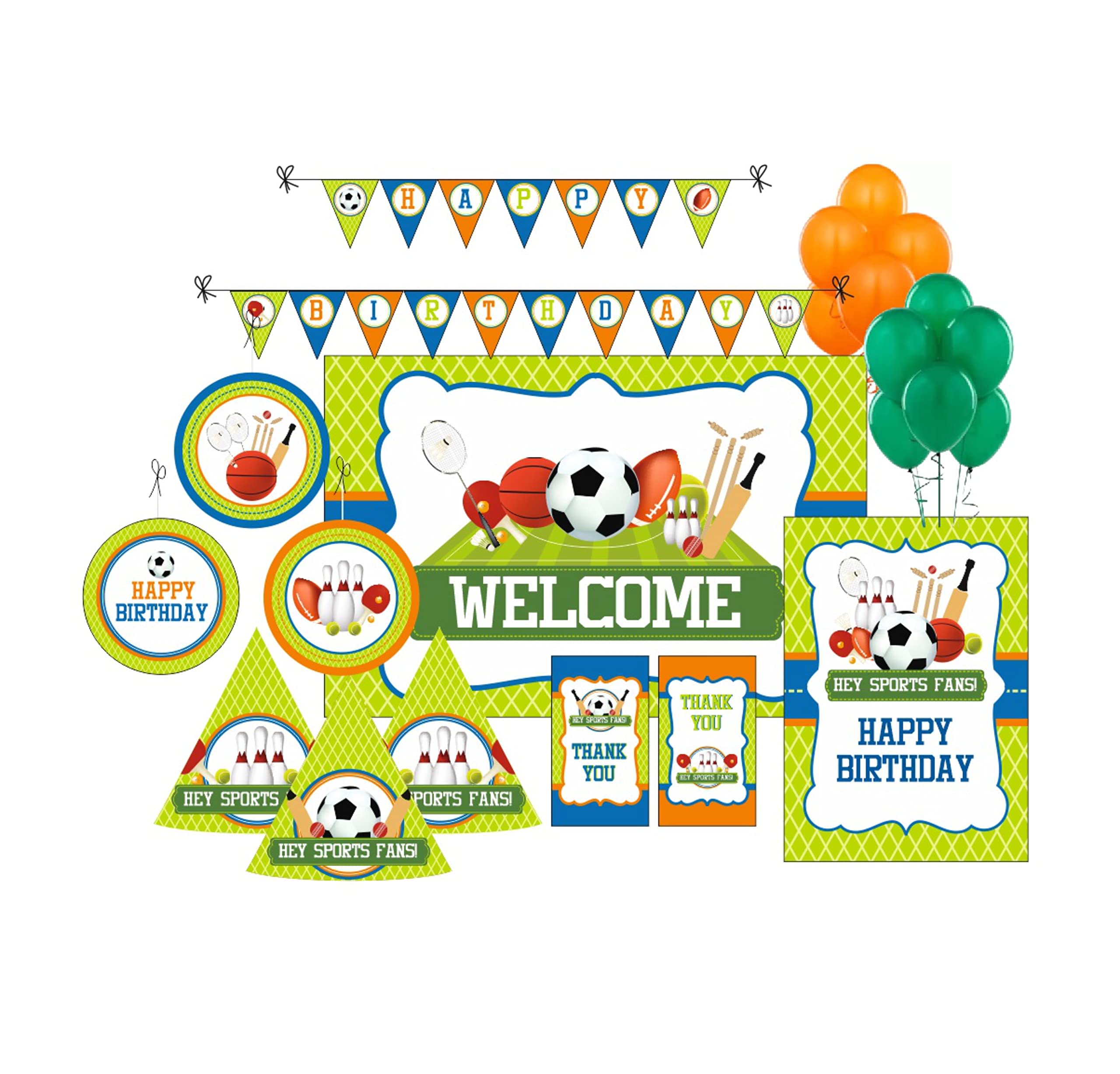 Pretty UR Party Sports Party decorations Kit - 80 pcs includes Banner, balloons, thank you, centerpiece, danglers, Games Party Supplies, Sports Birthday Decor, DIY décor Pack for kids, Teens