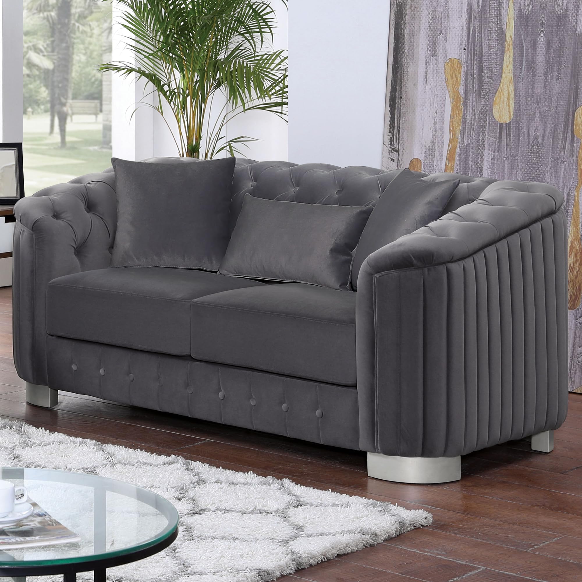 Furniture of America Octavia Modern 64 in. Fabric Upholstered 2-Seater Tuxedo Loveseat with Button-Tufted Back and Removable Cushion for Living Room, Bedroom, Home Office, Apartment, Dark Gray BOX 2 of 3 ONLY
