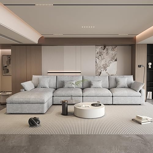 Miniatura 61 de WJShome - Sofá seccional modular en forma de nube para sala de estar, sofá de 160" con relleno de plumón en forma de U con otomano, sofás